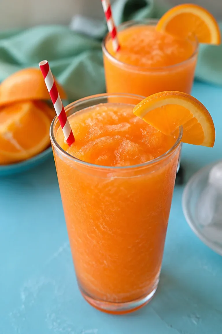 Erfrischender Frozen Aperol Spritz im Glas mit frischen Früchten dekoriert.