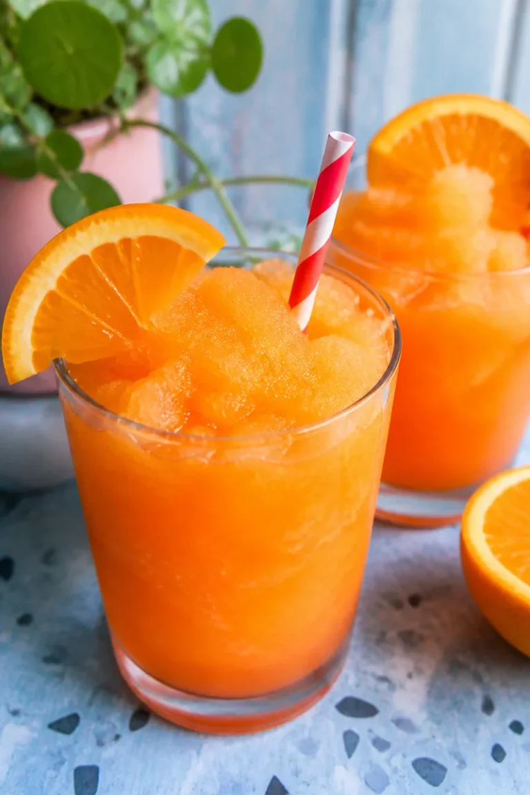 Erfrischender Frozen Aperol Spritz in einem Glas mit Zitrusfrüchten.