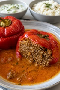 Gefüllte Paprika mit Hackfleisch auf einem Teller serviert, lecker und herzhaft.