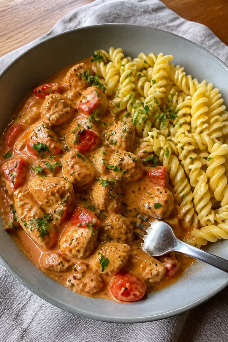 Zartes Geschnetzeltes in cremiger Sahnesauce serviert auf einem Teller