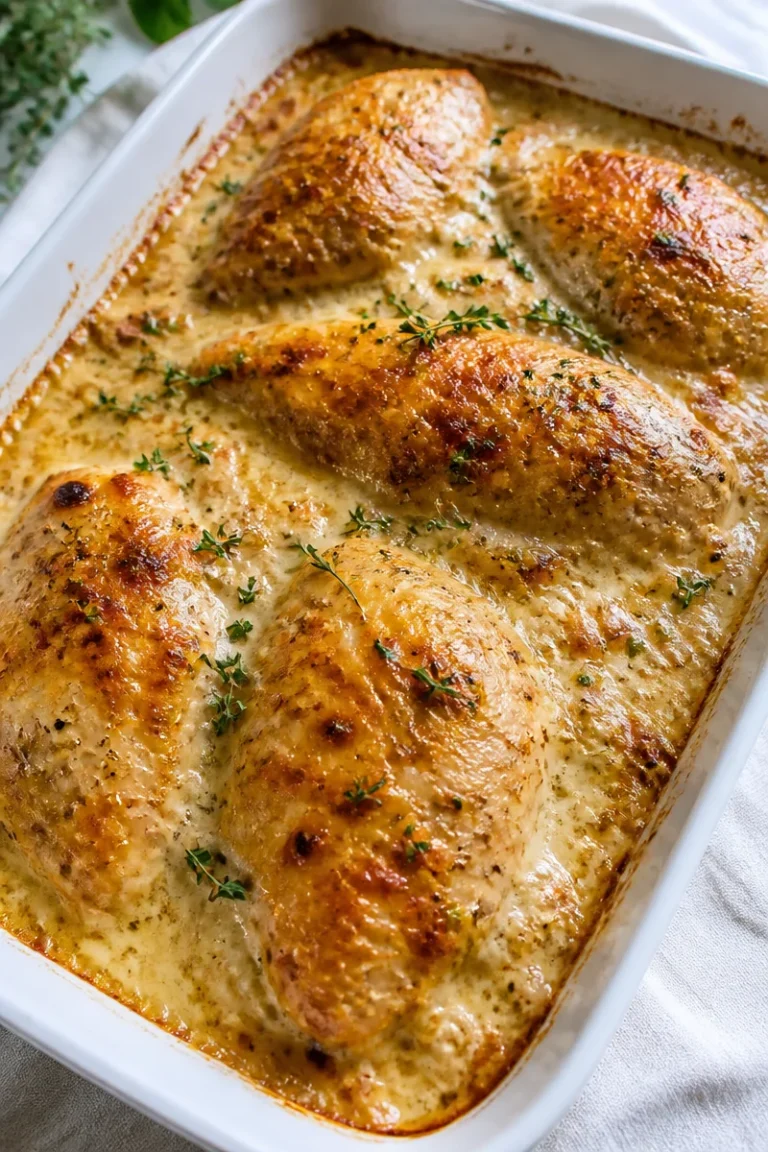 Hähnchen in cremiger Frischkäse-Soße aus dem Ofen serviert