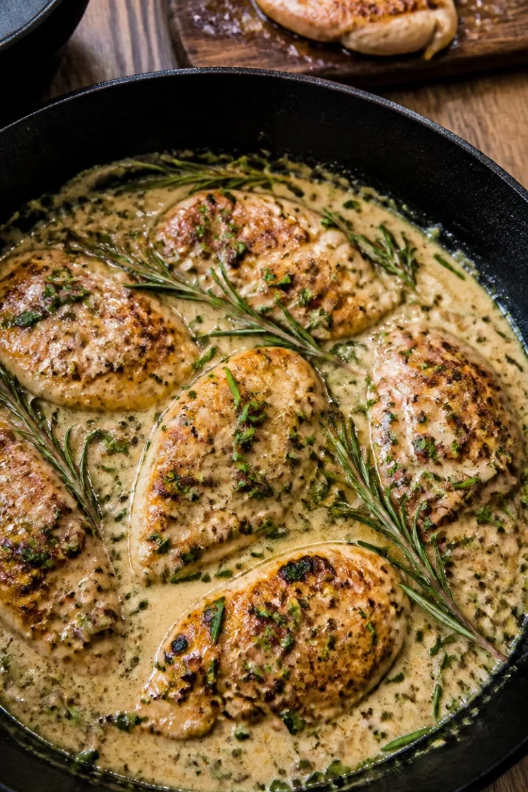 Hähnchen in Kräutersauce mit frischen Kräutern serviert auf einem Teller