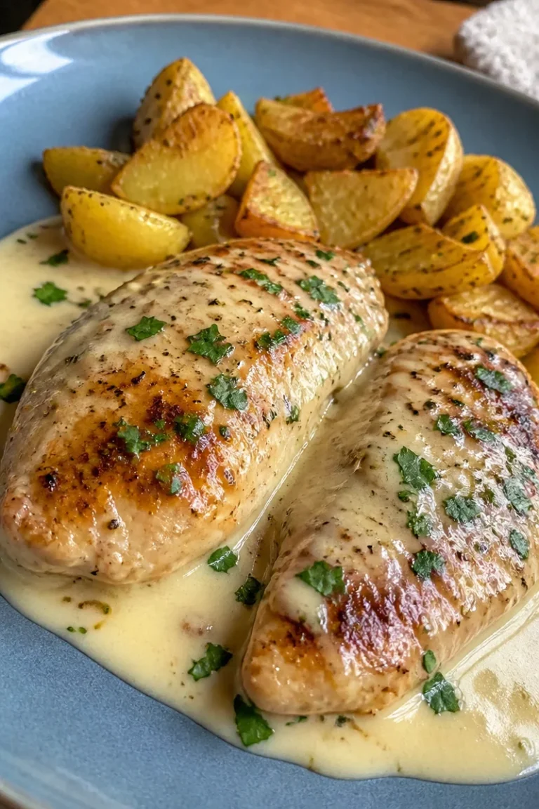 Delikates Hähnchen in Knoblauch-Parmesan-Sauce serviert auf einem Teller
