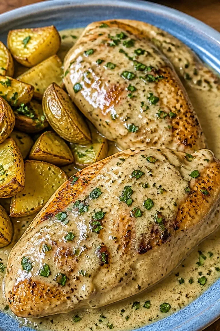 Hähnchen in würziger Knoblauch-Parmesan-Sauce auf einem Teller serviert
