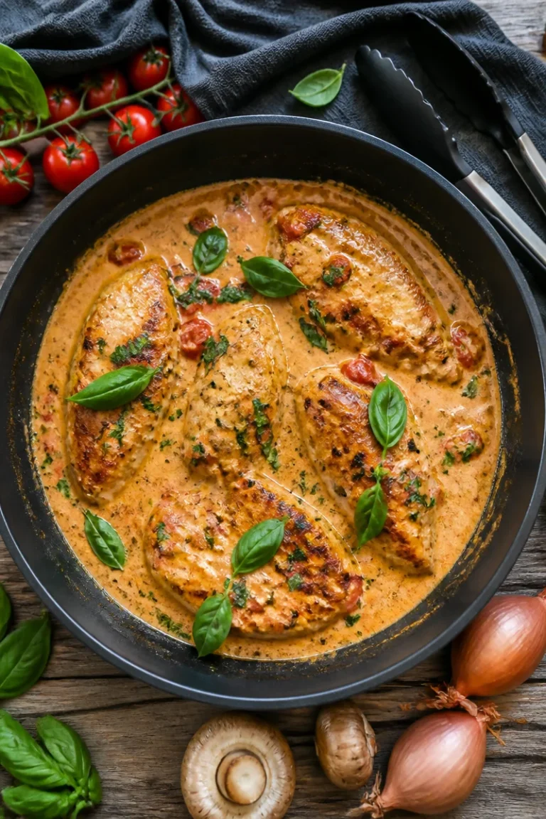 Hähnchen mit cremiger Frischkäse-Parmesan-Soße auf einem Teller serviert.