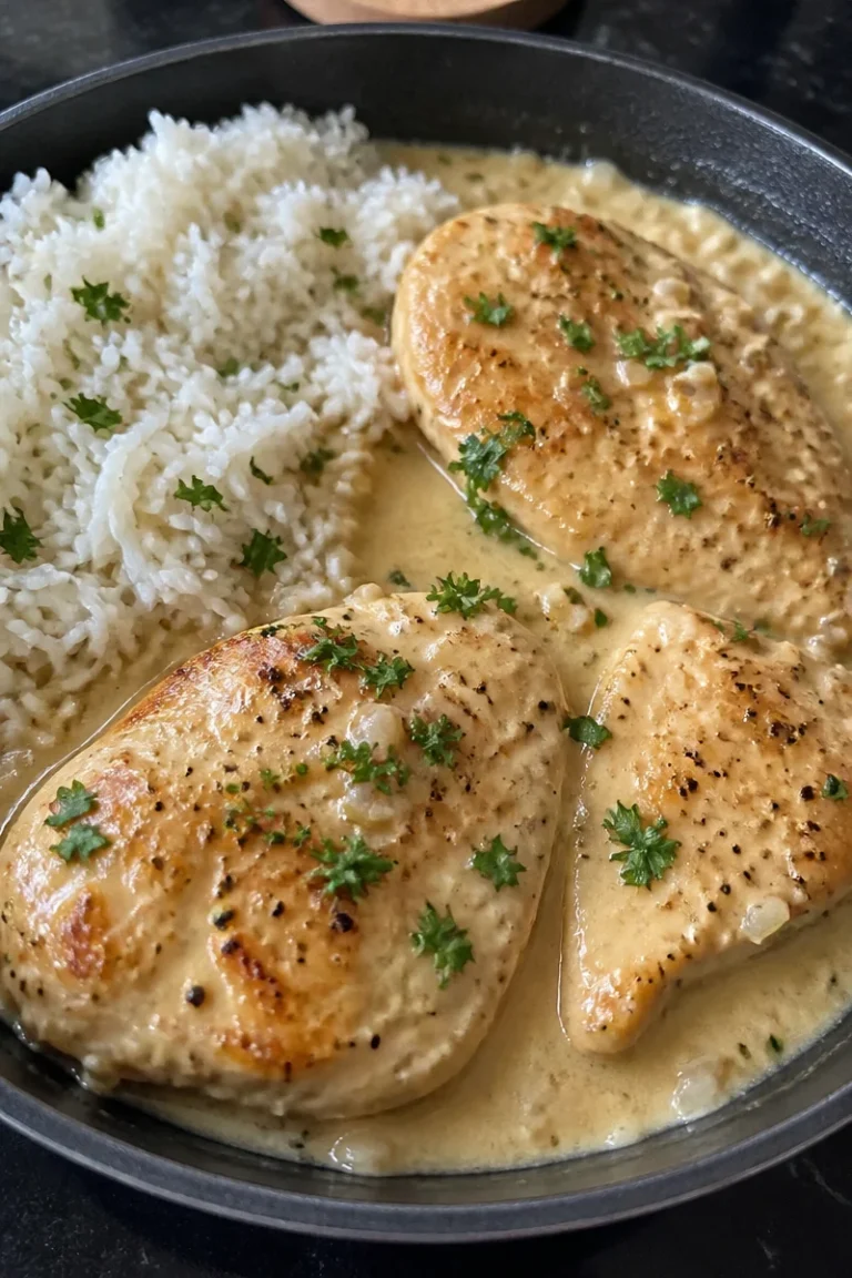 Hähnchenbrust in Sahnesauce mit Reis auf einem Teller serviert