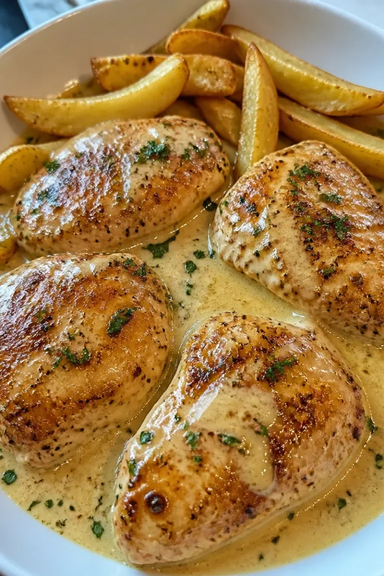 Hähnchenfilet in cremiger Knoblauch-Parmesansauce serviert auf einem Teller