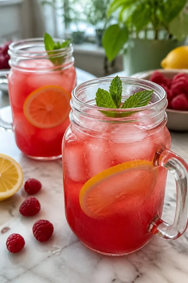Glas Himbeer-Limonade mit frischen Himbeeren auf einem Tisch