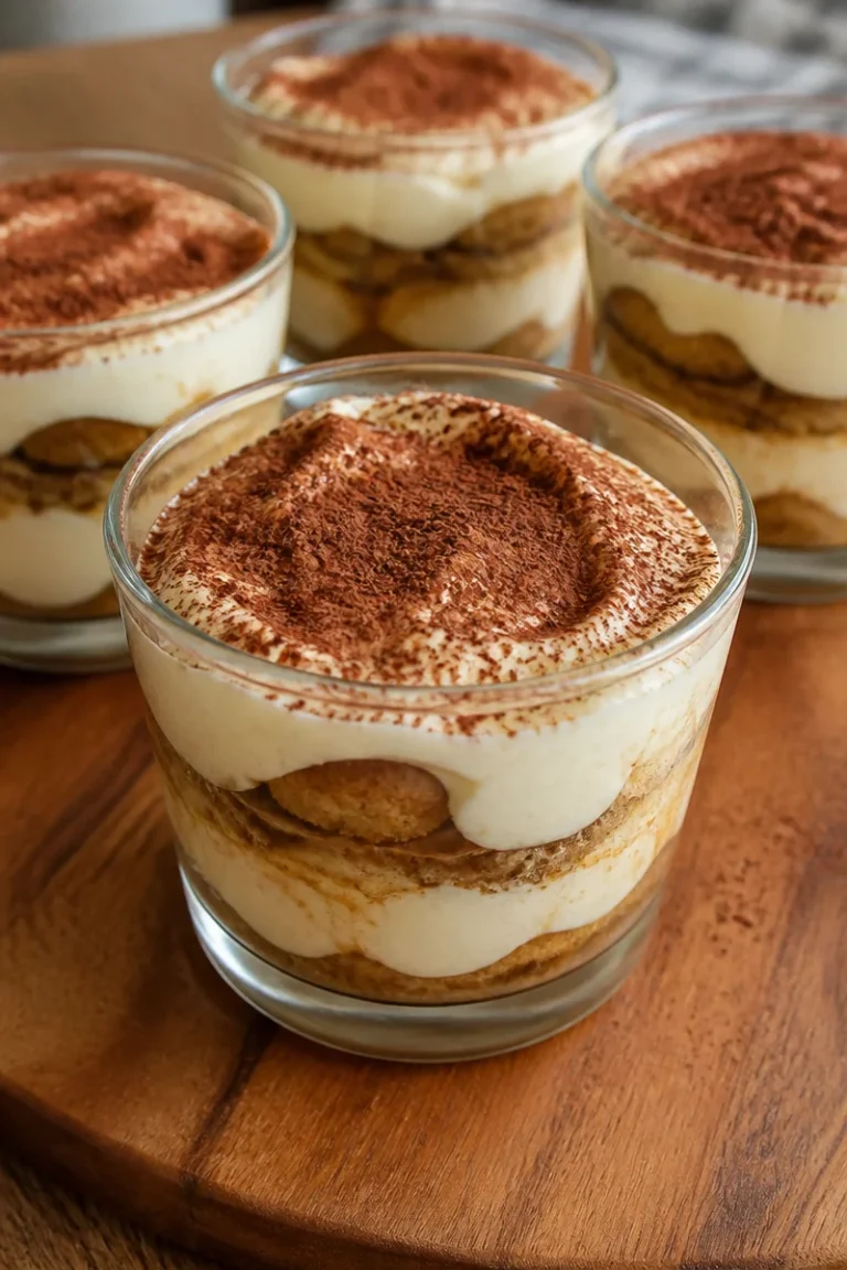 Individuelle Tiramisu Cups, no-bake und ei-frei, serviert in eleganten Gläsern.