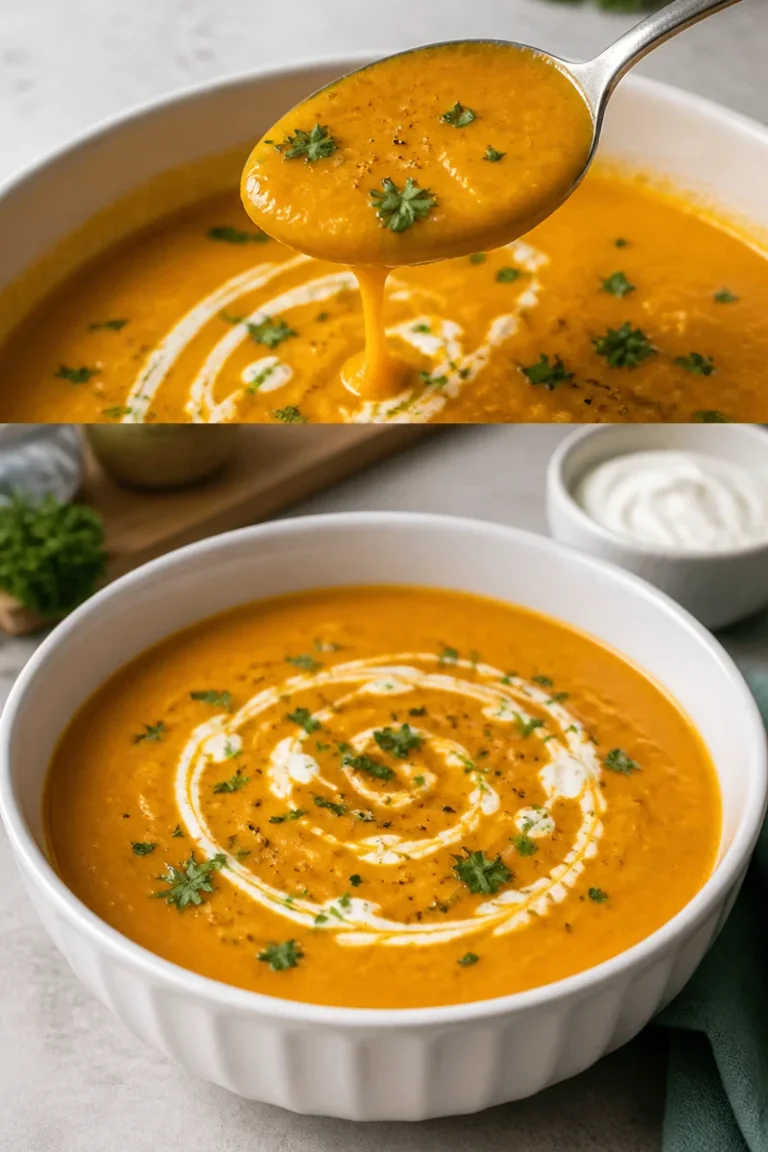Schüssel mit klassischer Kürbissuppe, garniert mit Kürbiskernen und Kräutern