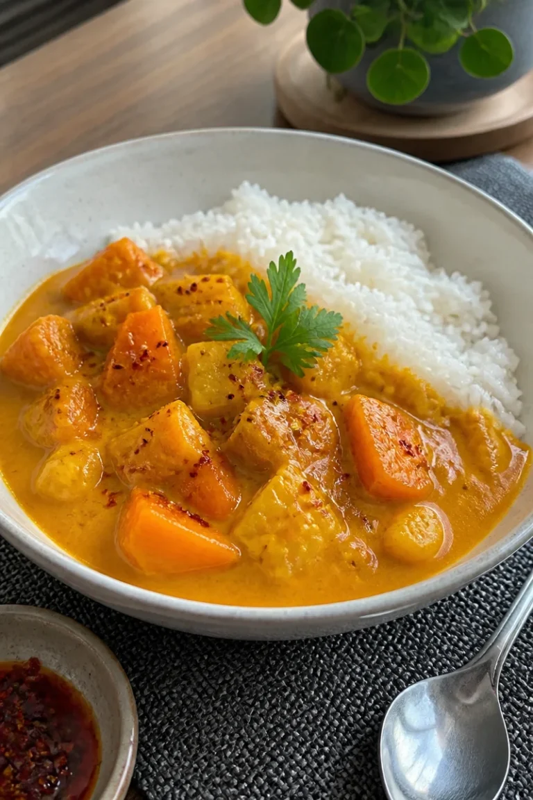 Kürbis-Curry mit Kokosmilch in einer Schüssel serviert, frisch zubereitet.