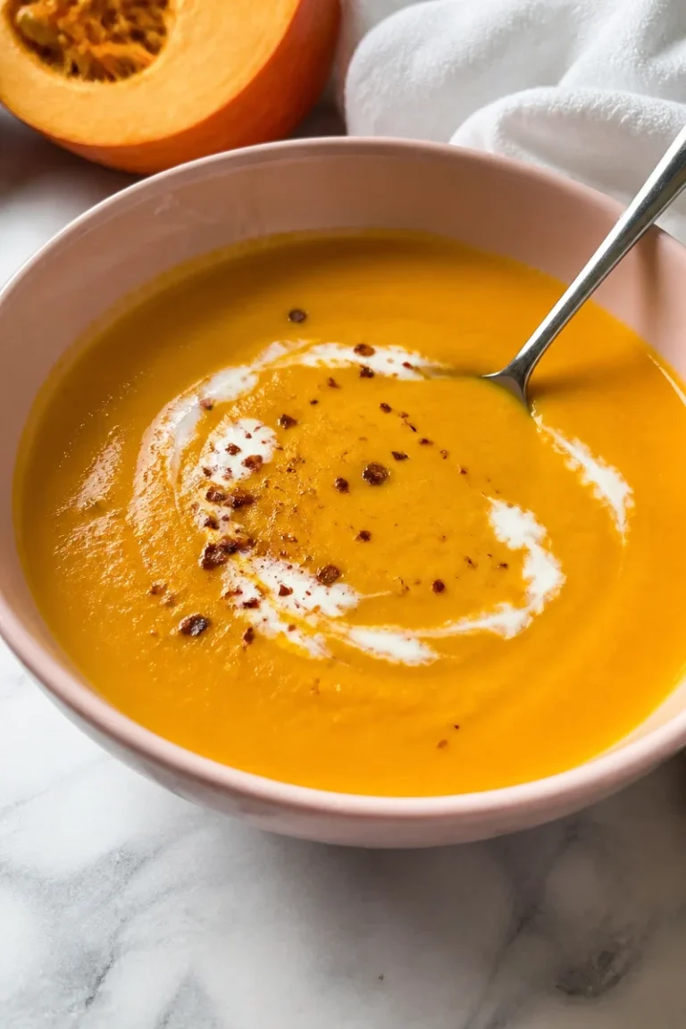 Kürbiscremesuppe mit Kokosmilch in einer Schüssel, garniert mit frischen Kräutern.
