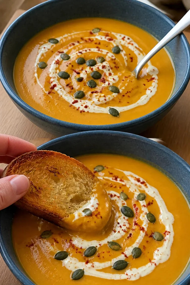 Löffel Kürbissuppe in einer Schüssel mit frischem Brot
