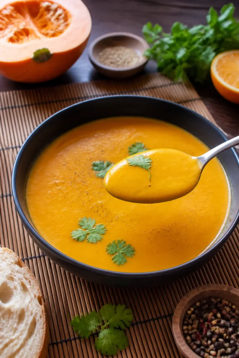 Schüssel mit leckerer Kürbissuppe, serviert mit frischem Brot