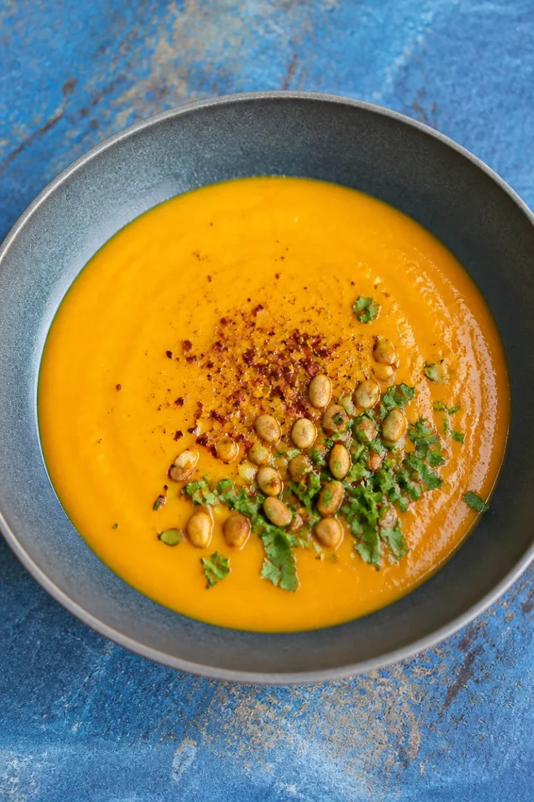 Schüssel Kürbissuppe mit Kokosmilch und frischen Kräutern