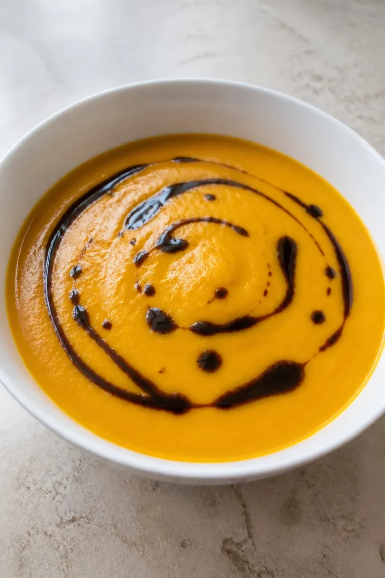 Vegane Kürbissuppe mit Kokosmilch in einer Schüssel serviert