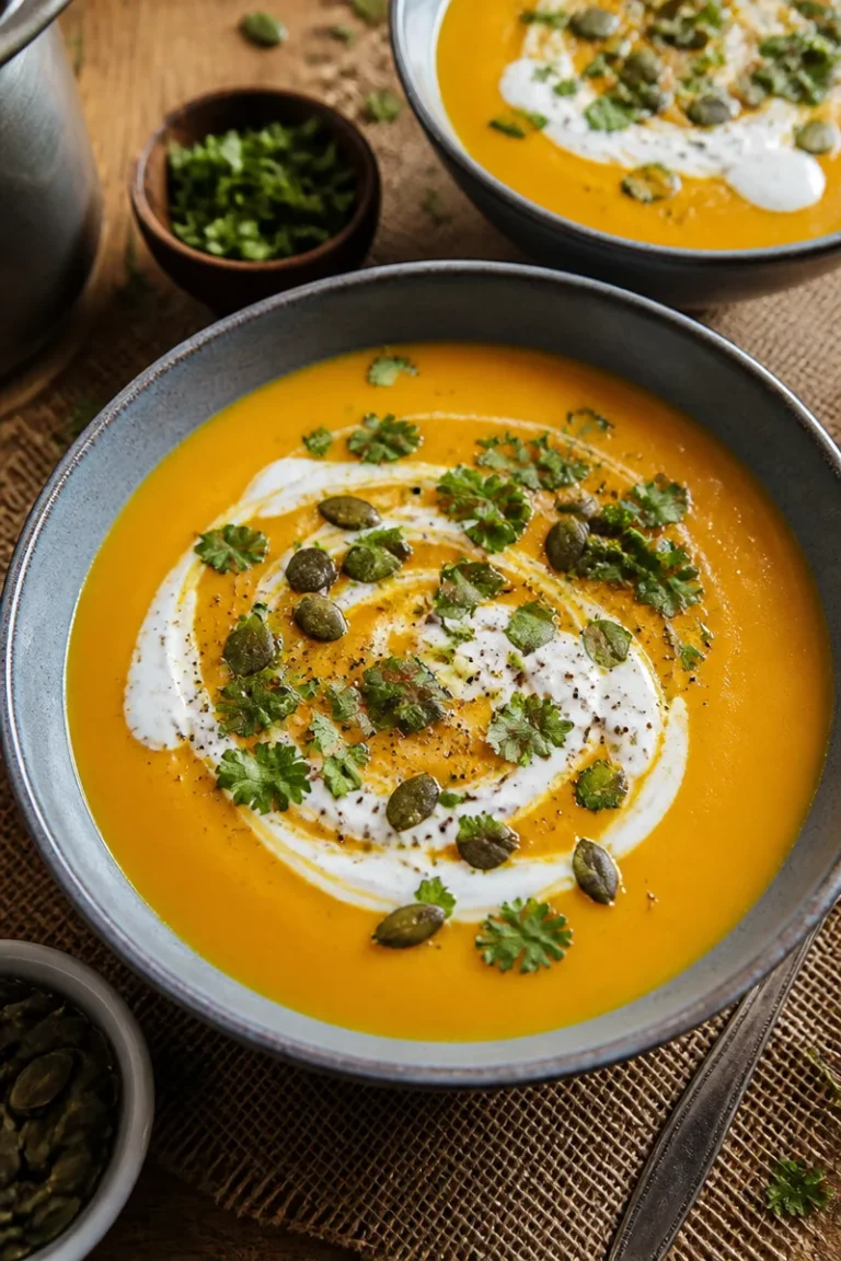 Cremige Kürbissuppe mit Kokosmilch und Curry, serviert in einer Schüssel.