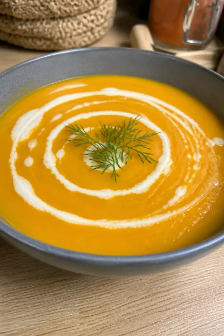 Kürbissuppe mit Kokosmilch und Ingwer in einer Schüssel serviert
