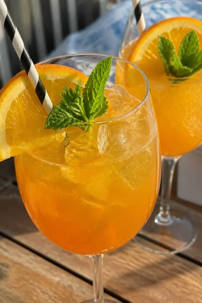 Erfrischender Lillet-Orangen-Spritz in einem Glas mit Orangenstücken