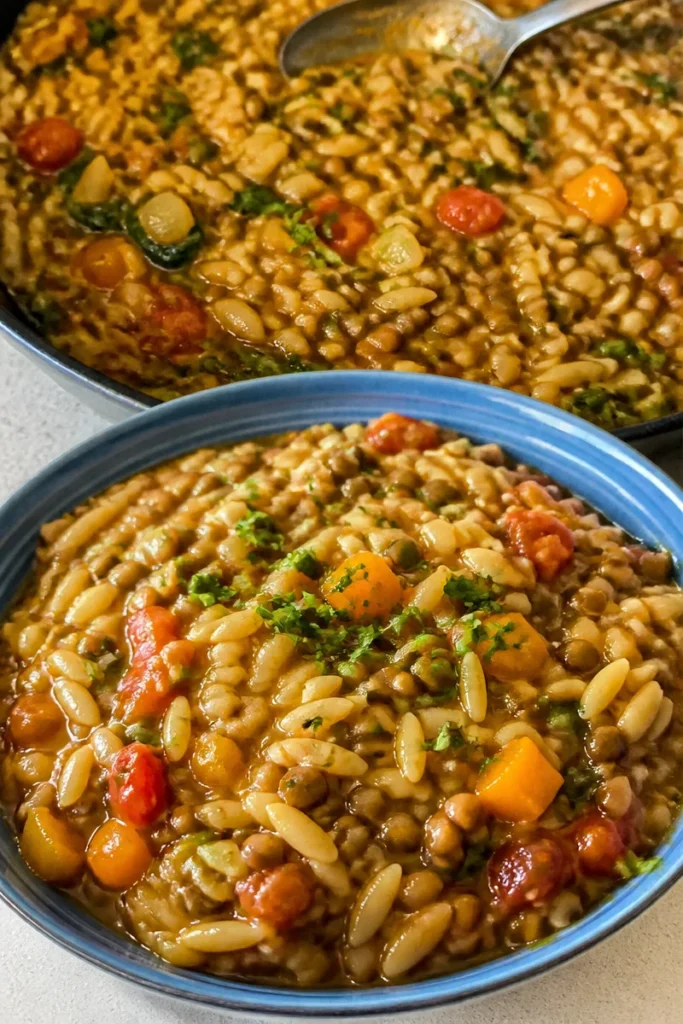 Teller mit Linsen und Orzo in einer herzhaften Kombination