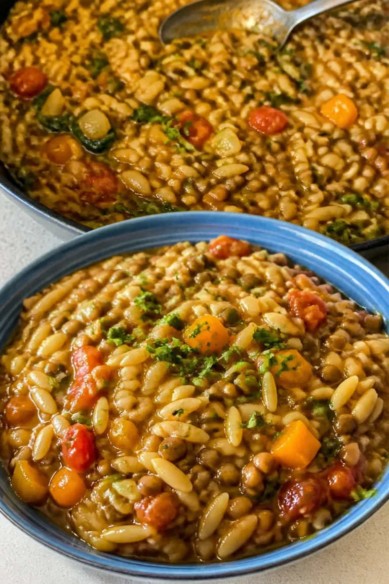 Teller mit Linsen und Orzo in einer herzhaften Kombination