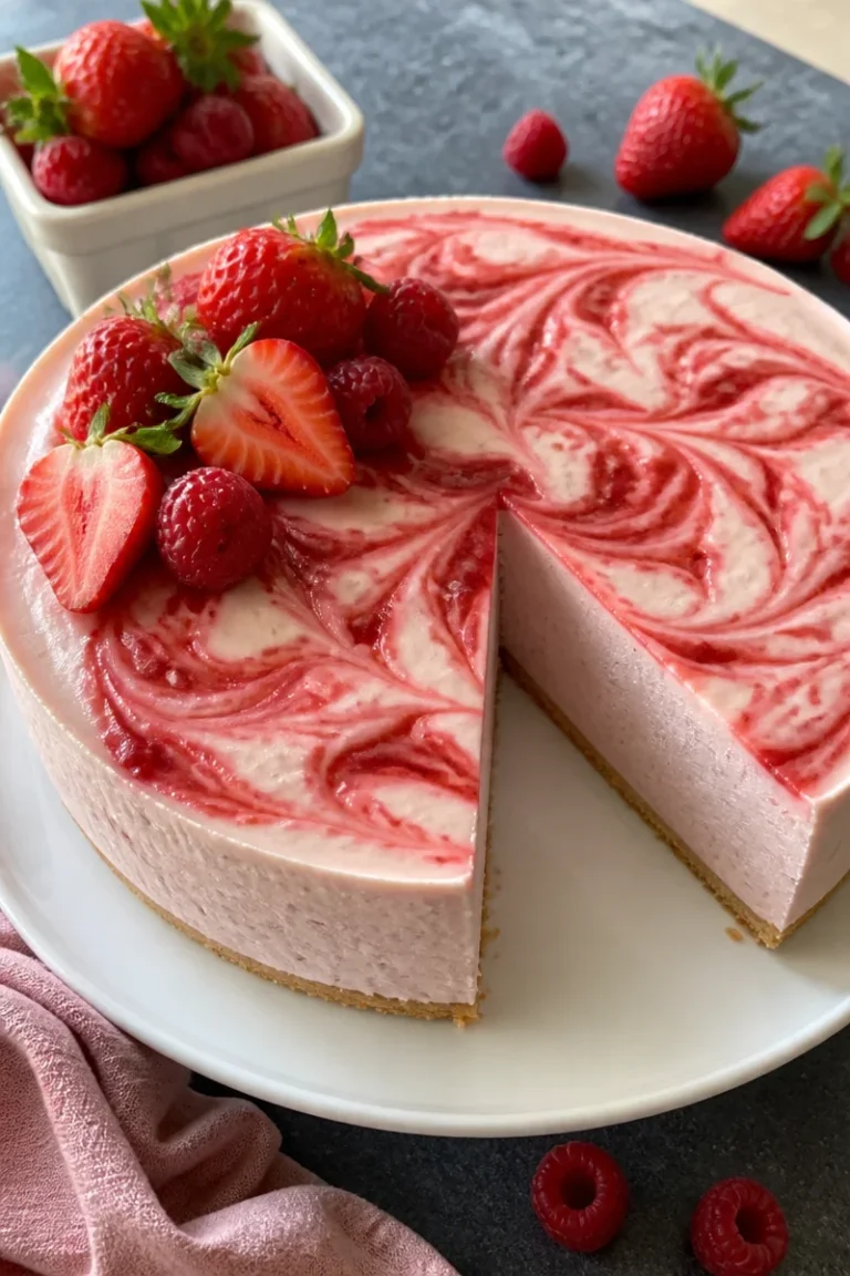 Leckerer No-Bake Beeren Joghurt Kuchen mit frischen Beeren.