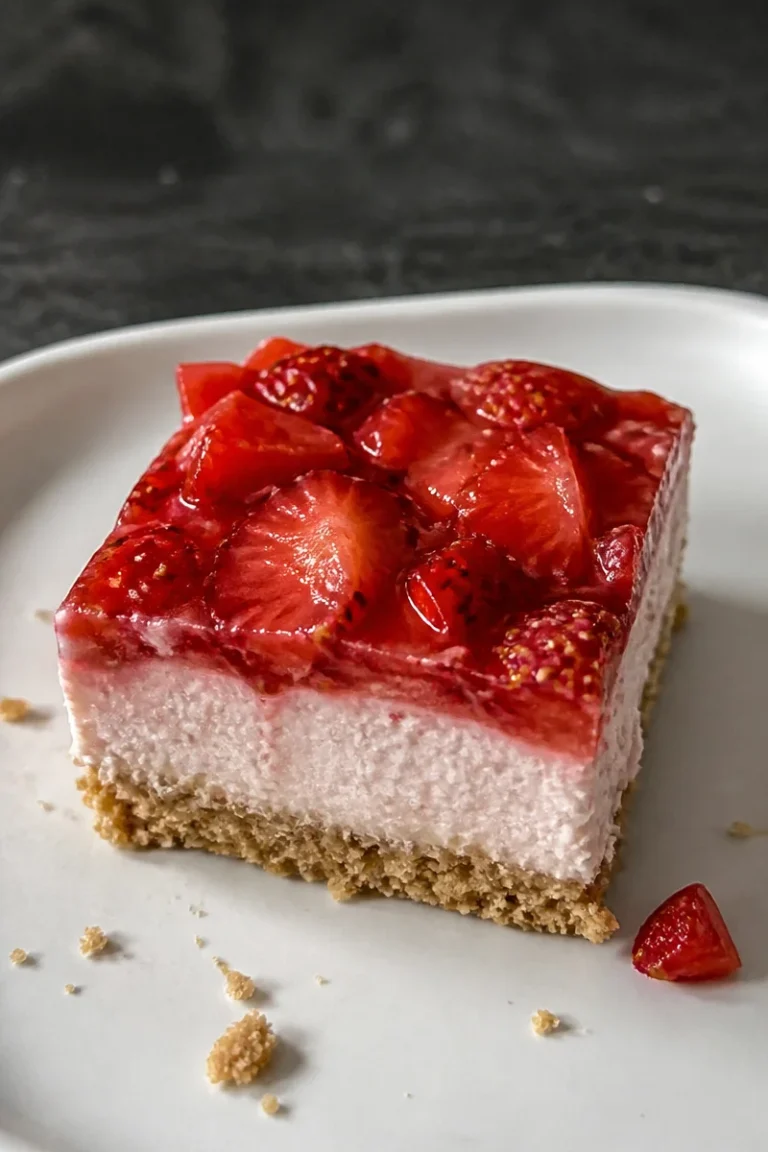 No-Bake Erdbeer-Käsekuchen-Riegel mit frischen Erdbeeren und Käsekuchenfüllung