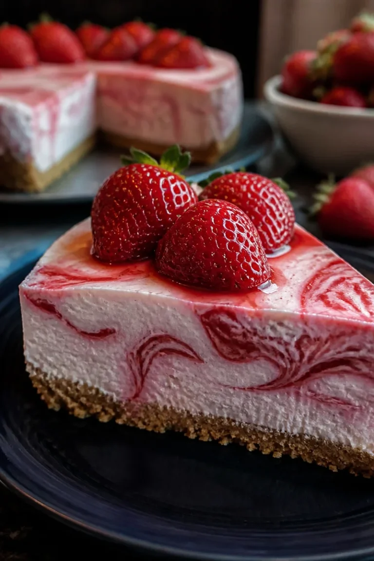 No-Bake Erdbeer-Swirls-Käsekuchen mit frischen Erdbeeren und cremigem Käse