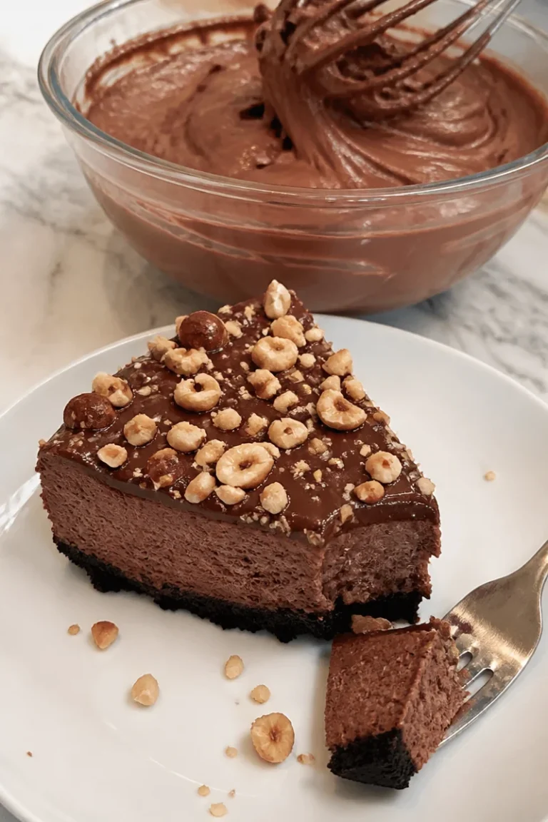 No-Bake Nutella Cheesecake mit einer cremigen Schicht aus Nutella und Käse.