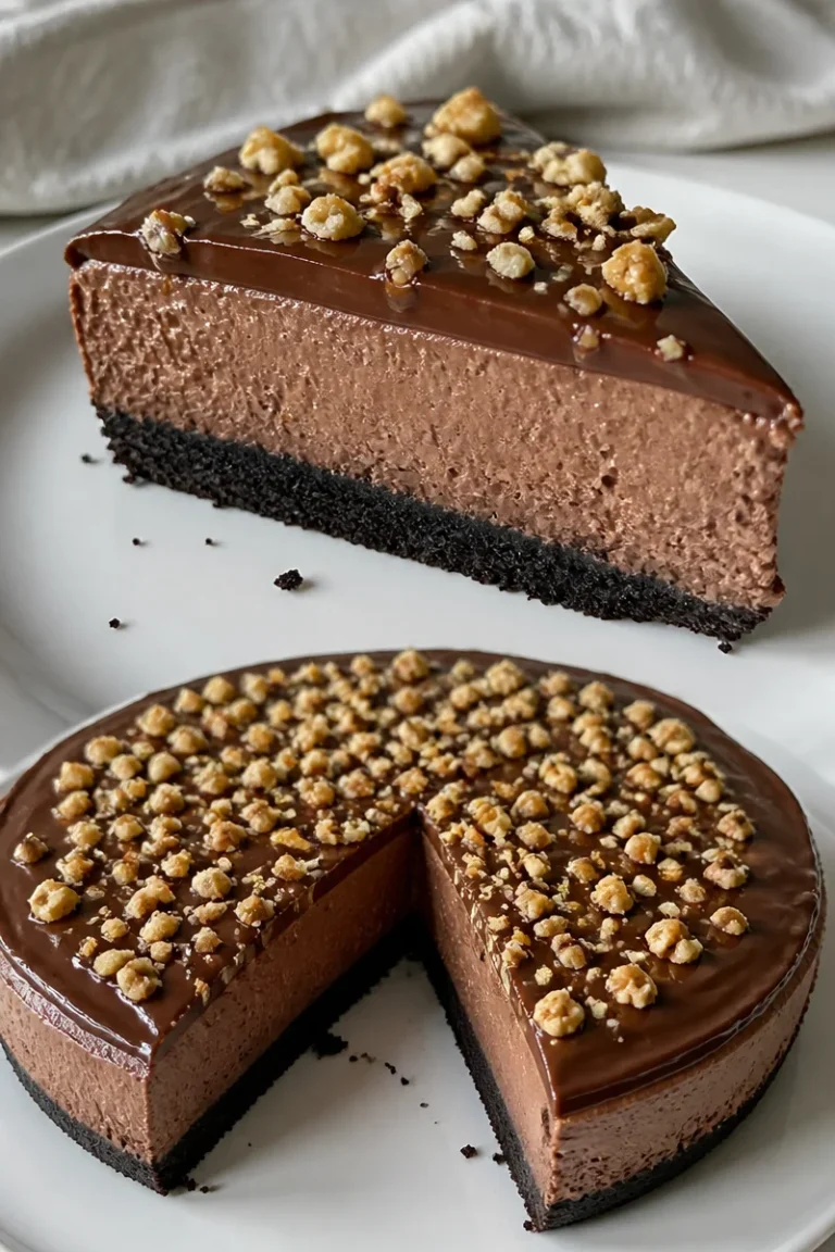 No Bake Nutella Cheesecake mit Schokoladensoße und Nüssen dekoriert