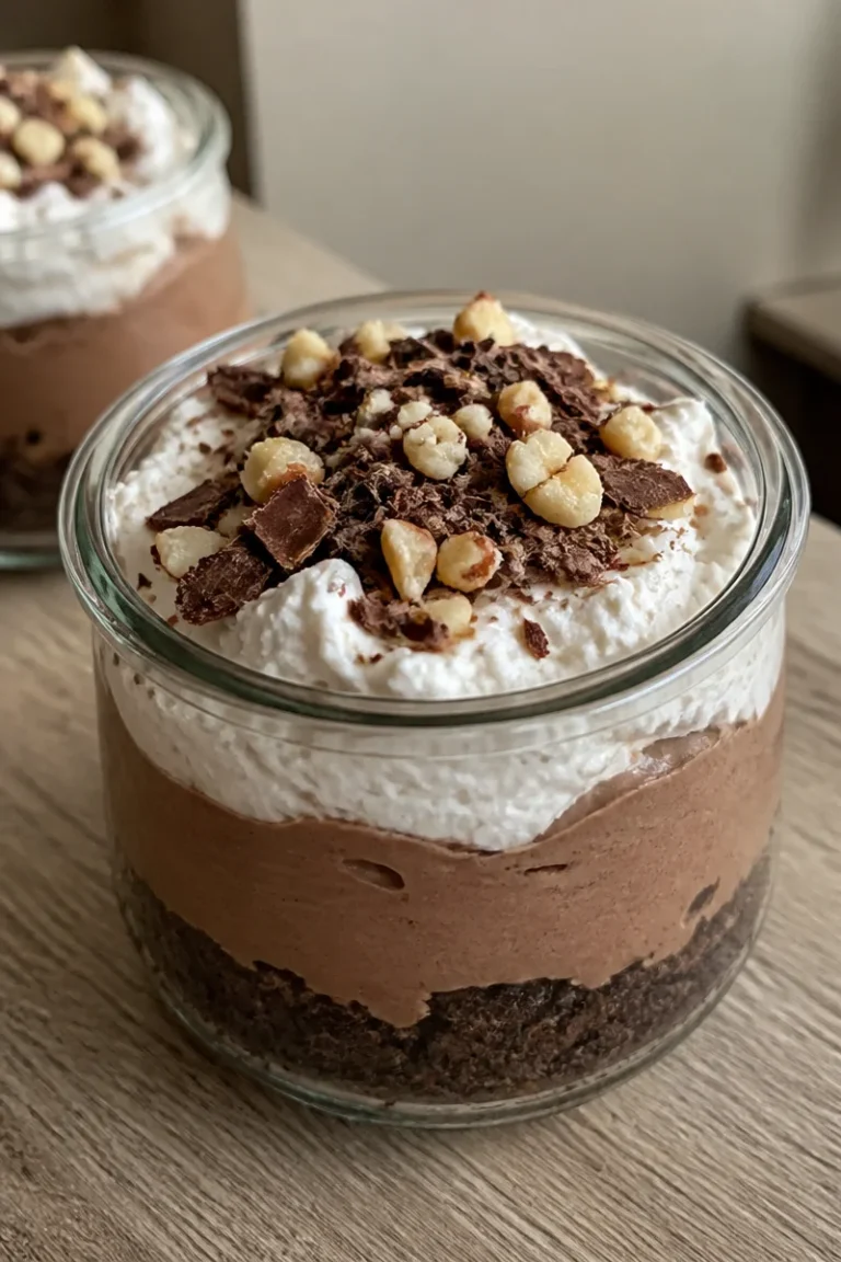No Bake Nutella-Dessert auf einem Tisch mit frischen Zutaten.