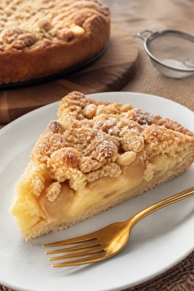 Omas saftiger Apfelkuchen mit Pudding auf einem Teller serviert