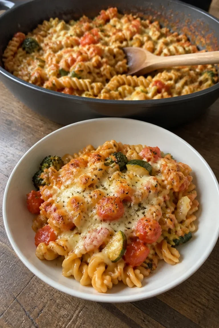 One-Pot Pasta Gericht aus dem Backofen in einer farbenfrohen Auflaufform