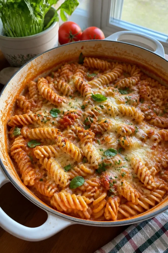 Ein Teller One Pot Pasta mit Gemüse und Kräutern in einer Pfanne zubereitet.