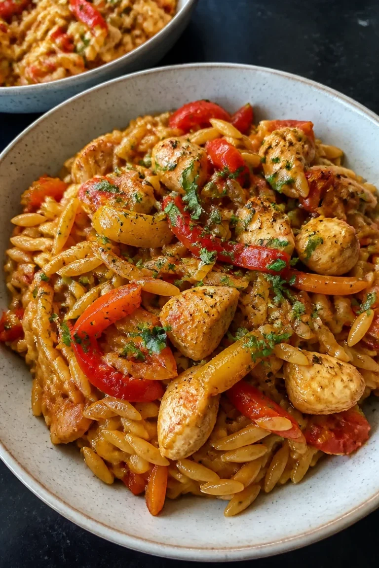 Orzo-Gericht mit Hähnchen und Paprika auf einem weißen Teller