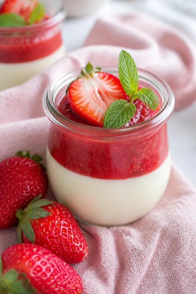 Cremige Panna Cotta mit frischen Beeren und Minzblatt dekoriert