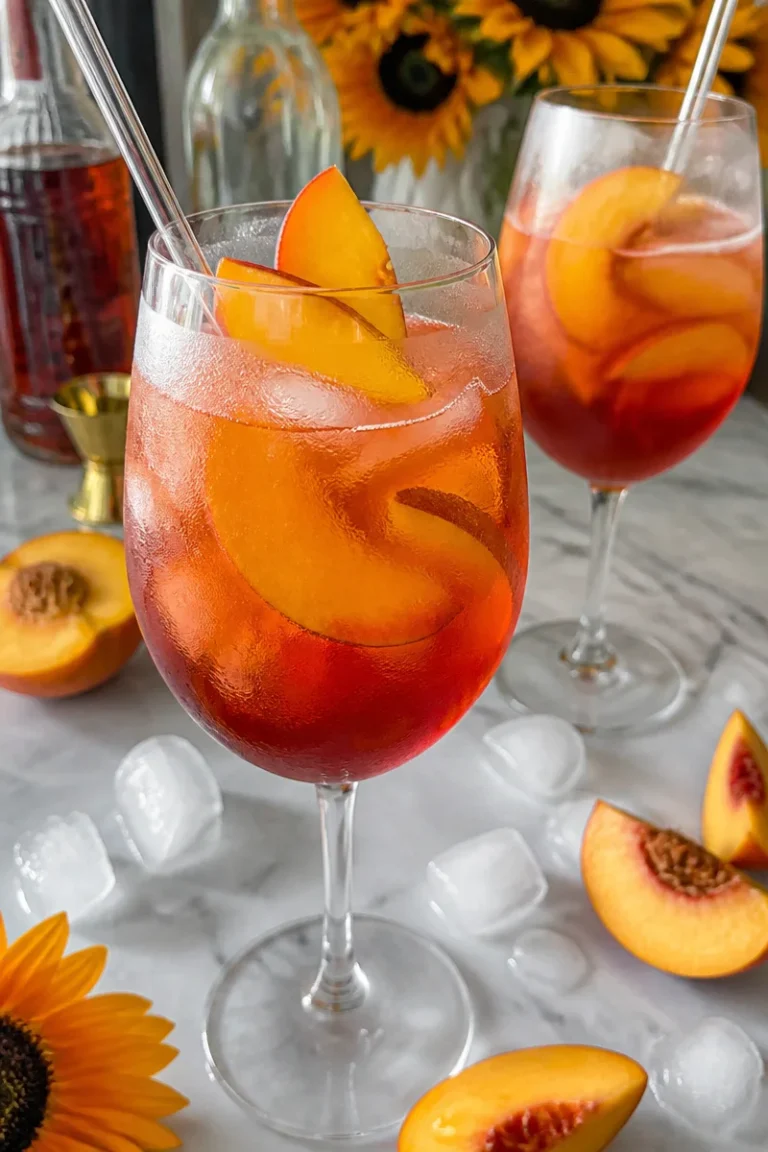 Frischer Peach Aperol Spritz in einem Glas mit Pfirsichscheibe und Eiswürfeln.