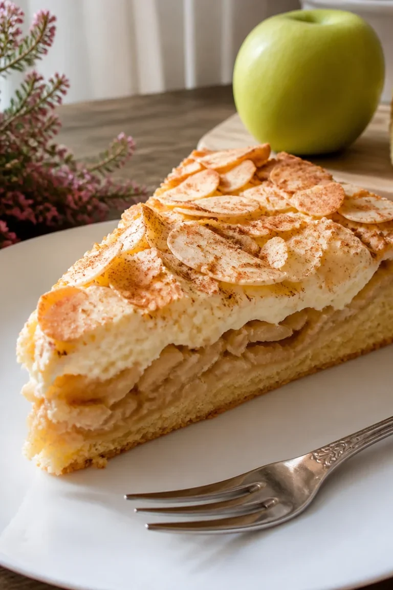 Saftiger Apfelkuchen mit Schmand auf einem rustikalen Holztablett