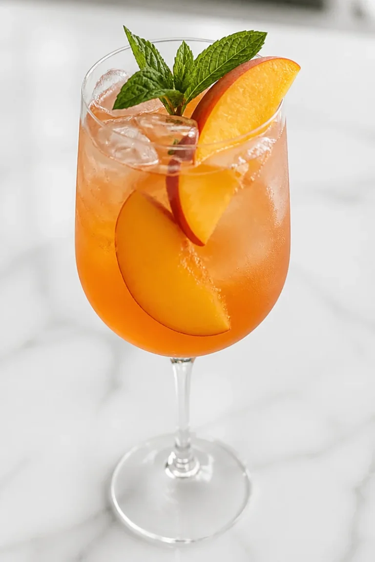 Erfrischender Pfirsich Vodka Spritz in einem Glas mit Frucht garnitur