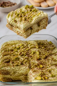 Pistazien Tiramisu auf einem Teller, dekoriert mit gehackten Pistazien und Kakao.
