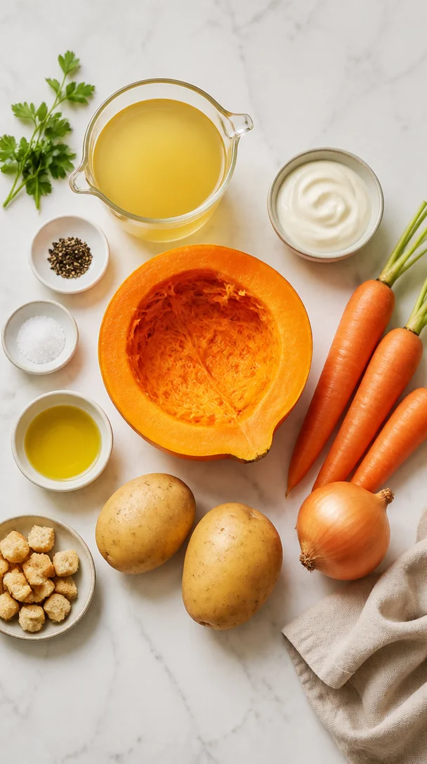 Rezept f&uuml;r K&uuml;rbissuppe mit Kartoffeln und M&ouml;hren