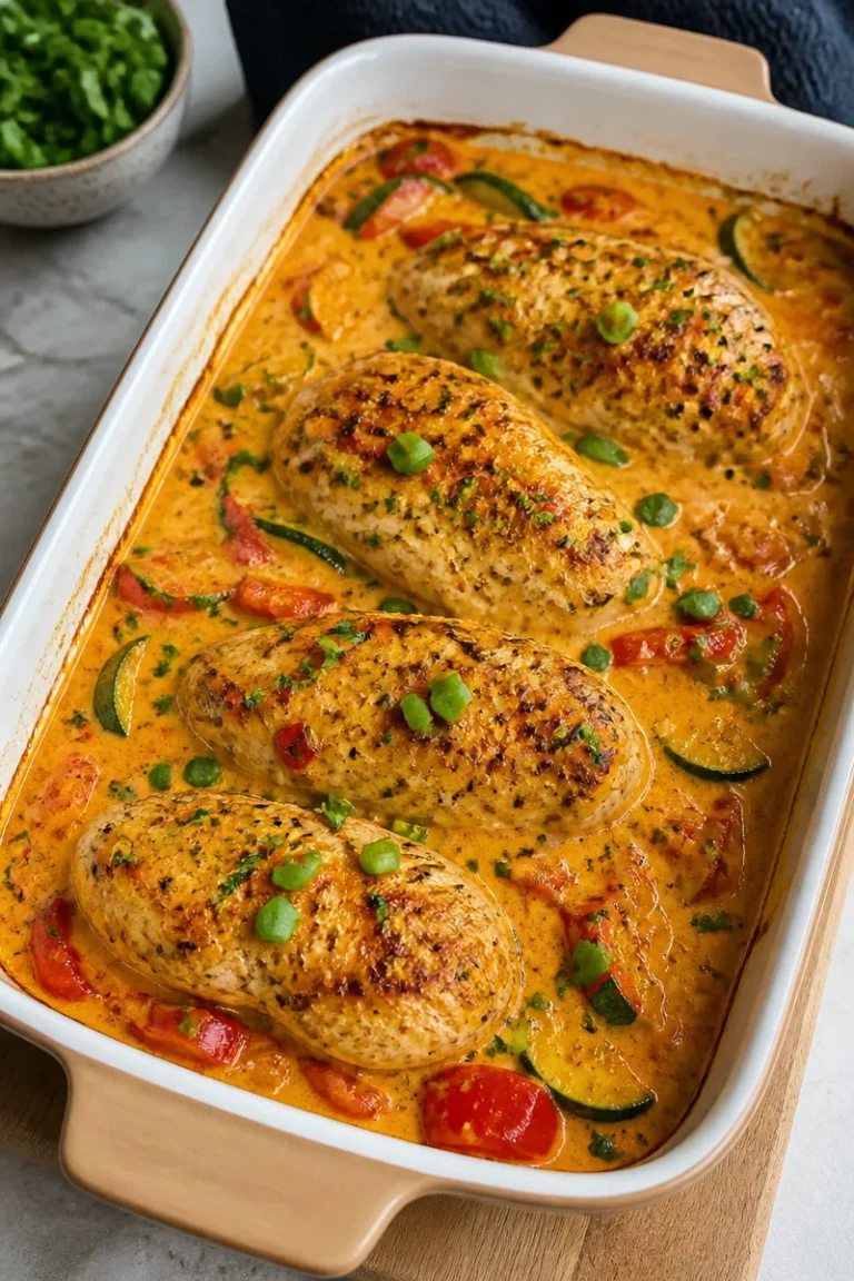 Saftige Hähnchenbrust in cremiger Frischkäsesoße mit Paprika und Zucchini aus dem Ofen