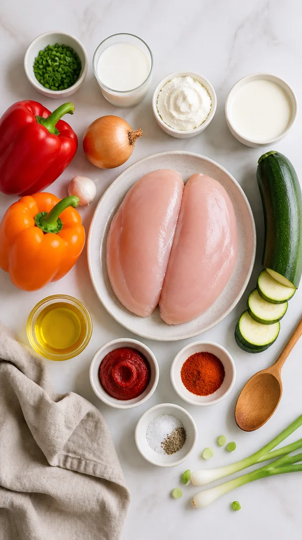 Saftige H&auml;hnchenbrust in Frischk&auml;seso&szlig;e mit Paprika und Zucchini aus dem Ofen