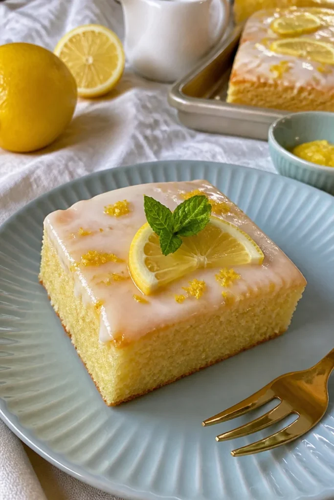 Saftiger Zitronenkuchen auf einem Teller mit Zitronenscheiben dekoriert