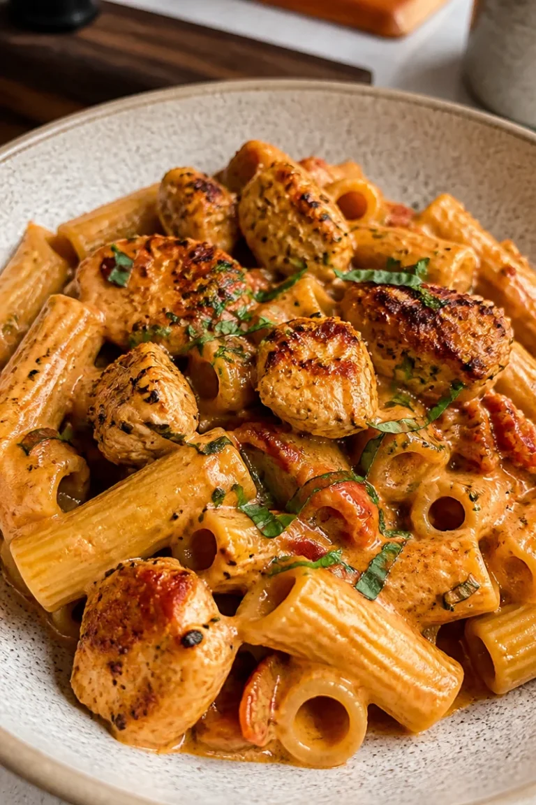 Saftiges Heiratsantrag-Hühnchen-Pasta Gericht auf einem Teller angerichtet.