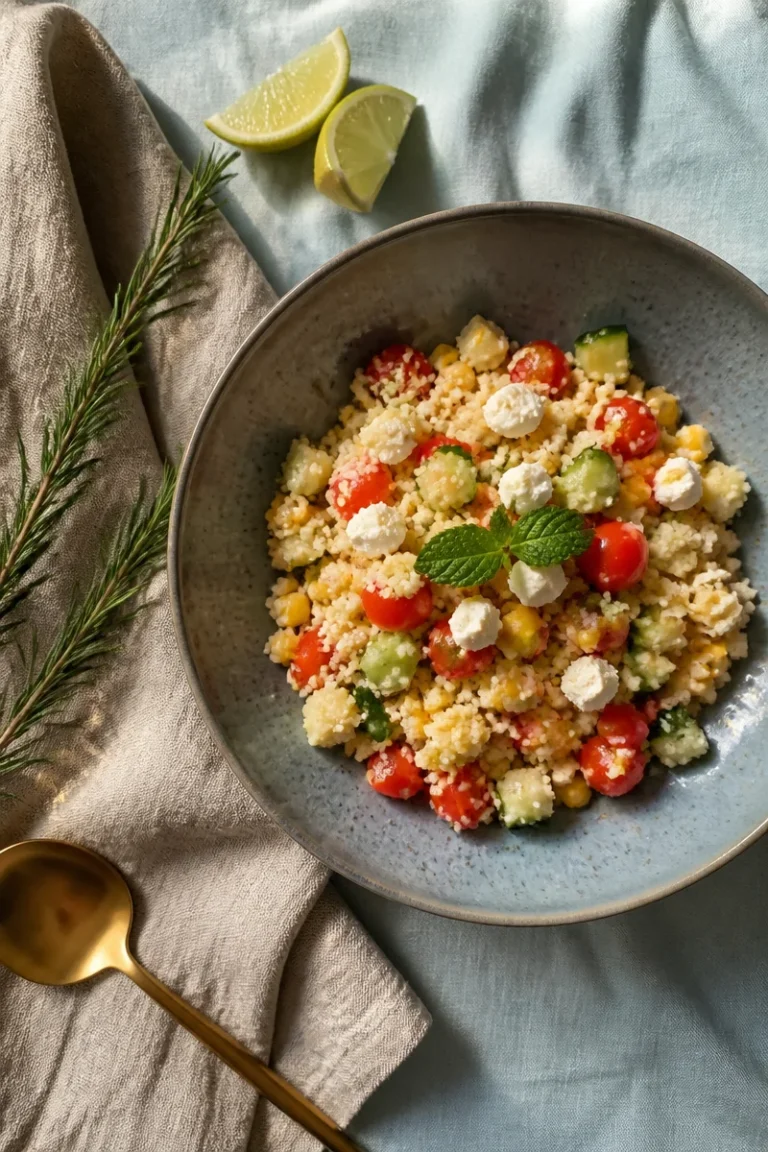Sommerlicher Couscous-Salat mit frischem Gemüse und Kräutern