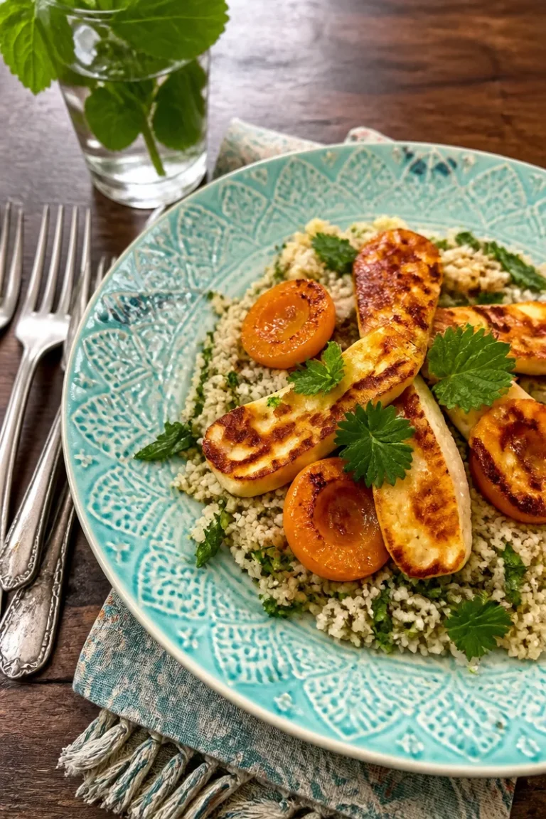 Sommerlicher Couscous-Salat mit Aprikosen und Halloumistreifen auf einem Teller.