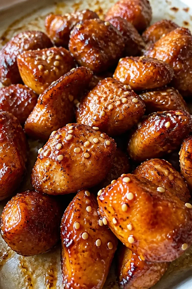 Zarte Honig-Knoblauch-Hühnchen-Bissen auf einem Teller, garniert mit Frische.