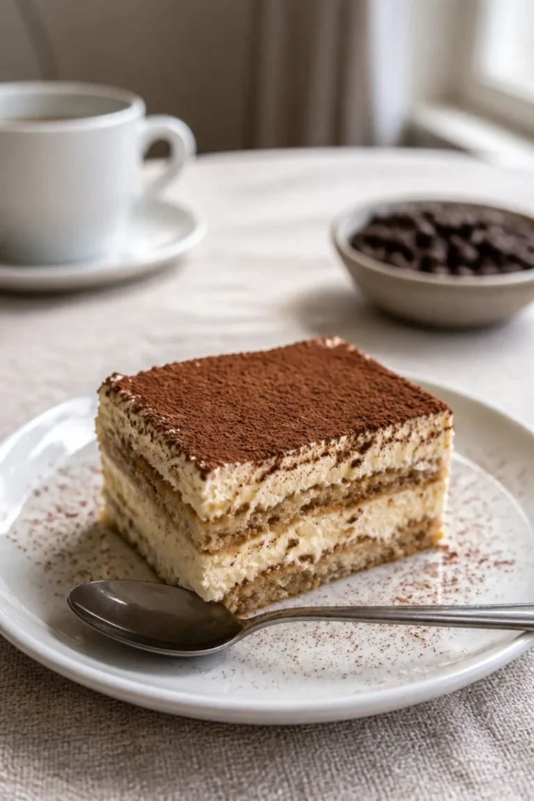 Plate of delicious homemade tiramisu dessert with cocoa powder on top