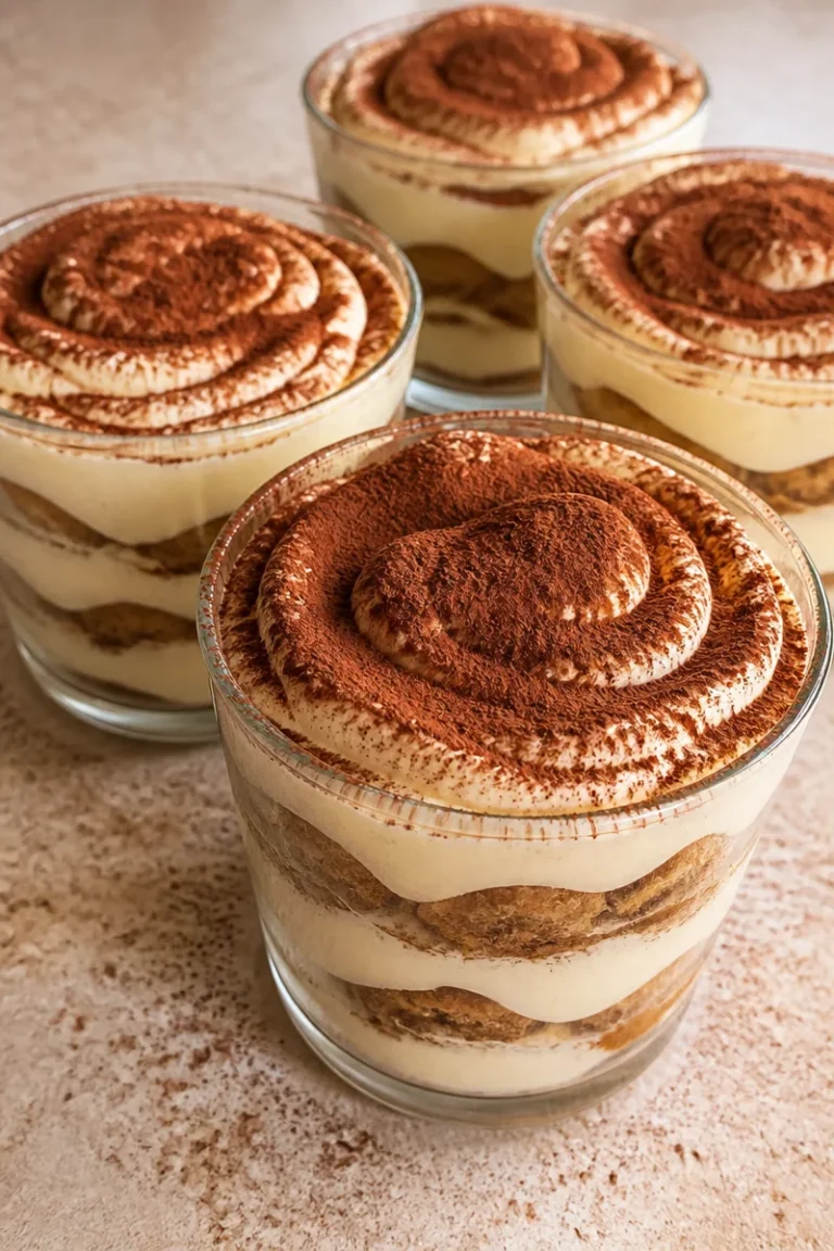 Tiramisu Cups mit Kaffee, Mascarpone und Kakao, serviert in dekorativen Bechern.